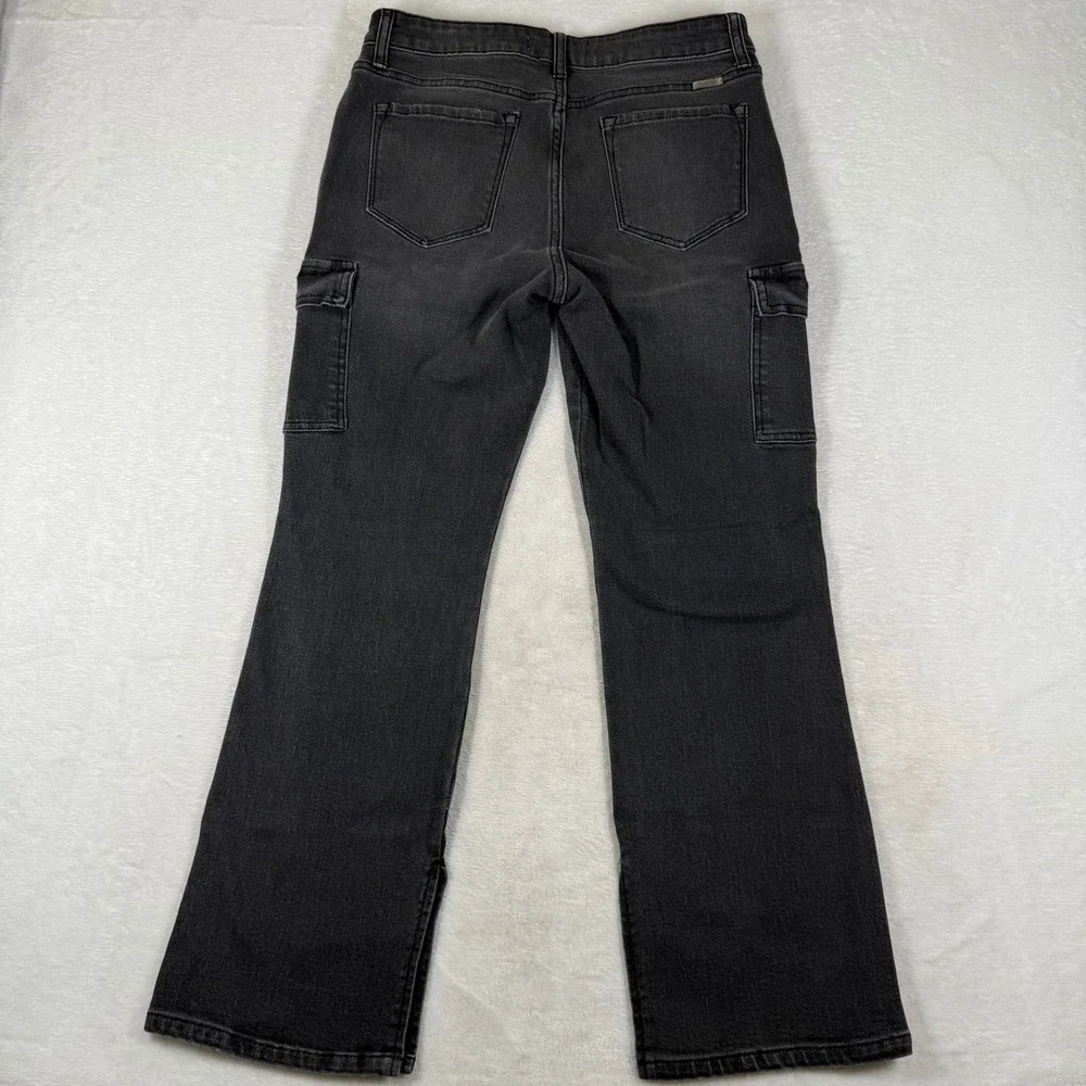 KanCan Womens Cargo Flare Jeans Faded Black Slit Hem BT1400AA-2-SF Sz 8